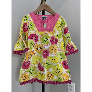 Mud Pie Neon Citrus Fruit  Green/Pink/Yellow/Orange Fringe Girls Dress